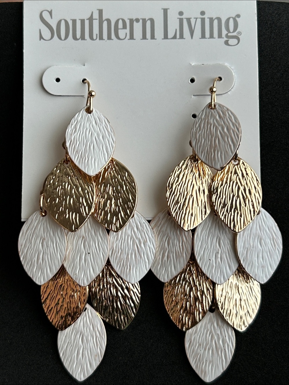 Southern Living Gold and White Layered Leaf Drop Earrings
